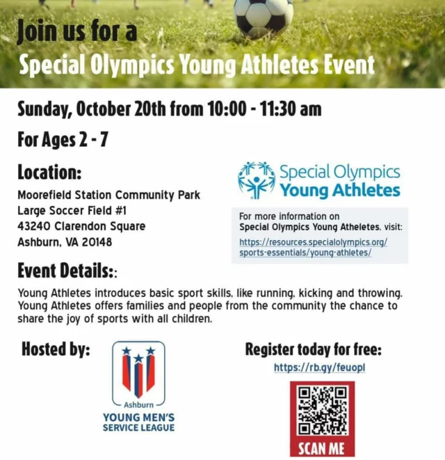 @specialolympicsva is partnering with YMSL Ashburn this fall to bring our 🍂 session of Young Athletes on Sunday October 20th in Ashburn! Young Athletes is a unique sport and play program for children 2-7 years old. Families can register for this session here: https://rb.gy/feuopl
